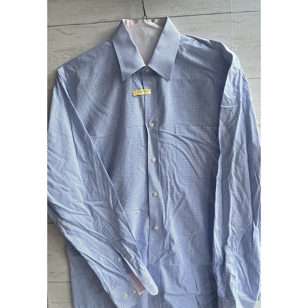 Nicole Miller Mens Dress Shirt Long Sleeve Blue White Tiny Check Sz 16 34/35